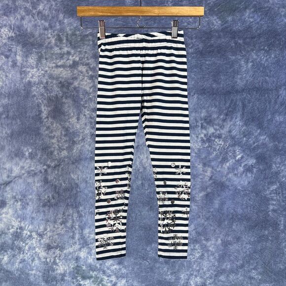 Land's End Girls Leggings Pants Blue White Striped w/ Metallic Snowflakes L 6x-7 - Picture 1 of 5
